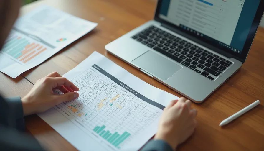 Printed consistency chart showing spread of ten identical AI model runs next to a laptop with raw timing data