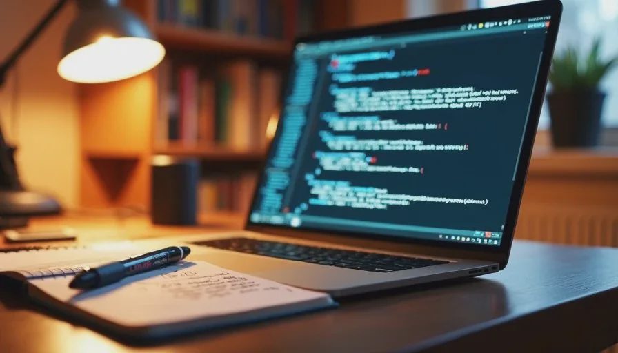 Close view of a terminal window completing a first successful API call next to a notebook with handwritten key-management reminders