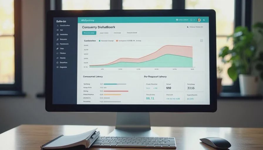 Live dashboard used to capture metrics during concurrent request batches Dashboard view of concurrent AI requests with per-request latency, status, and batch timing data