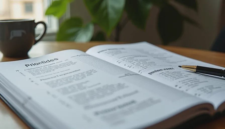 Printed prioritized themes list with supporting evidence quotes next to a notebook of product-planning notes
