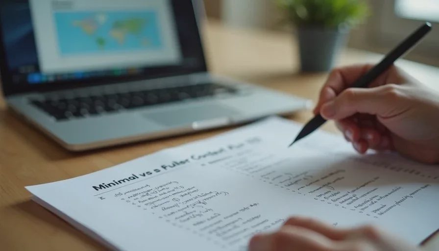 Side-by-side notes from minimal and fuller context test runs Handwritten comparison notes of minimal versus fuller context runs next to a laptop with paired test results
