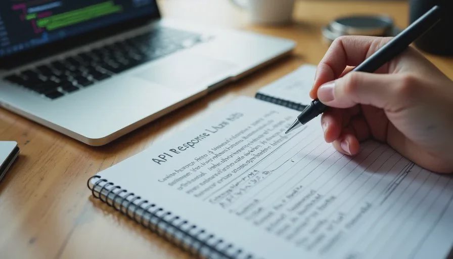 Handwritten notes on rate limits and retry behavior next to a laptop displaying API response logs during testing