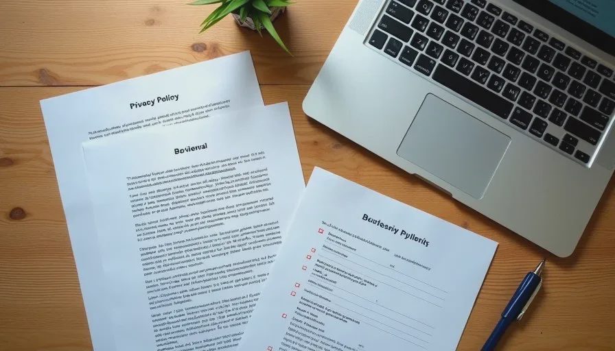 Document review setup for privacy and data-handling statements Printed AI privacy policy pages and a highlighted checklist next to a laptop used for documentation review