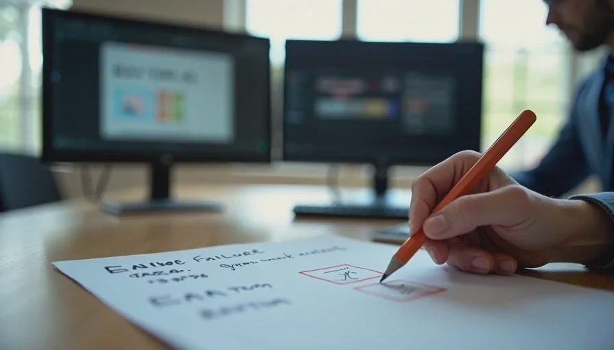 Handwritten end-of-week review notes on edit time and failure patterns next to dual screens of marketing outputs