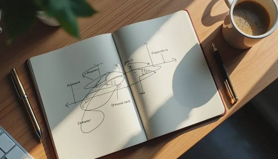 Hand-drawn sketch of exponential back-off retry logic with jitter notes on a notebook page next to a coffee cup