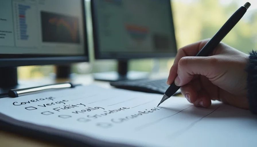 Handwritten notes scoring coverage, fidelity and structure of AI document summaries next to dual screens of model outputs
