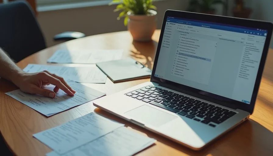 Printed customer-support tickets and handwritten notes next to a laptop showing structured AI output during a real workflow test