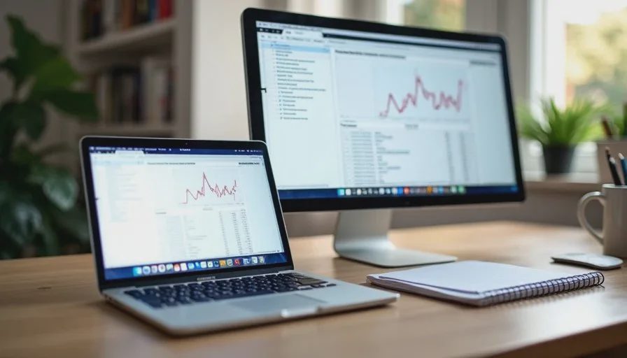 Close view of a MacBook Pro and external monitor showing first-token latency graphs during an AI speed test in a home office
