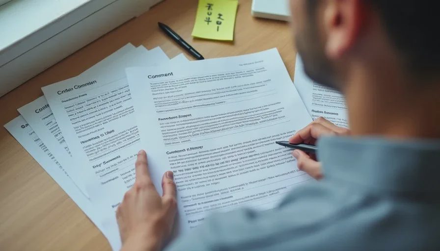 Stack of printed raw customer comments and survey free-text pages prepared as input for theme clustering