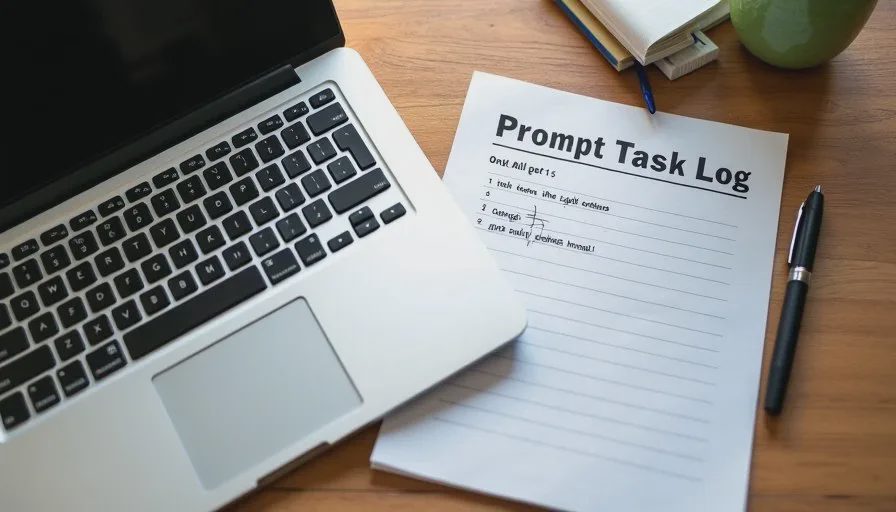 Printed daily task log and AI prompt notes placed next to a laptop used for marketing-operations testing
