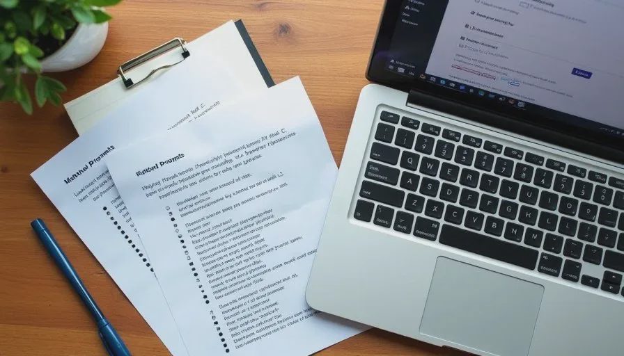Printed matched prompts and scoring checklist placed next to a laptop used for running side-by-side AI model tests