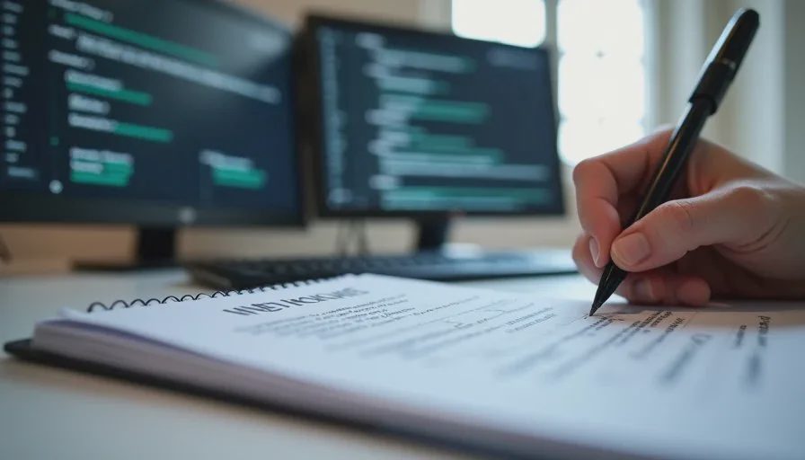 Reviewing structure and consistency of triage outputs Handwritten review notes on categorization consistency and draft quality next to dual screens showing AI triage outputs