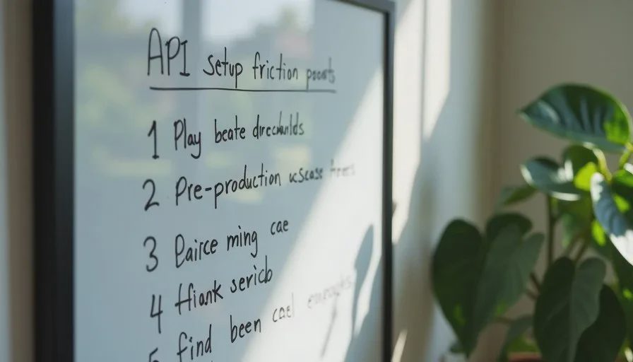 Whiteboard-style checklist of API setup friction points and pre-production checks photographed in a home office