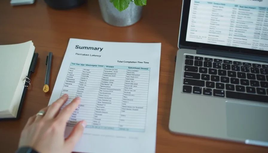 Printed summary sheet of first-token latency, tokens per second, and total time results placed next to a laptop with raw data