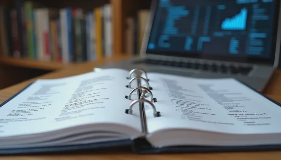 Open binder of raw test printouts linked to Index scores next to a laptop showing the summary ranking view