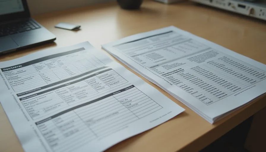 Close-up of a deliberately messy PDF page with multi-column layout and a spreadsheet printout showing inconsistent formatting