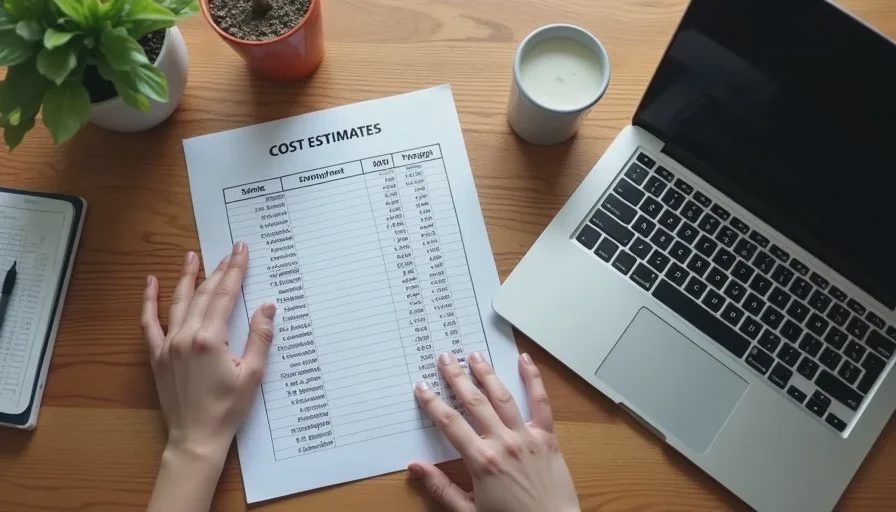 Printed cost-estimate sheet scaling sample averages to a 10,000-message total next to a laptop with raw data